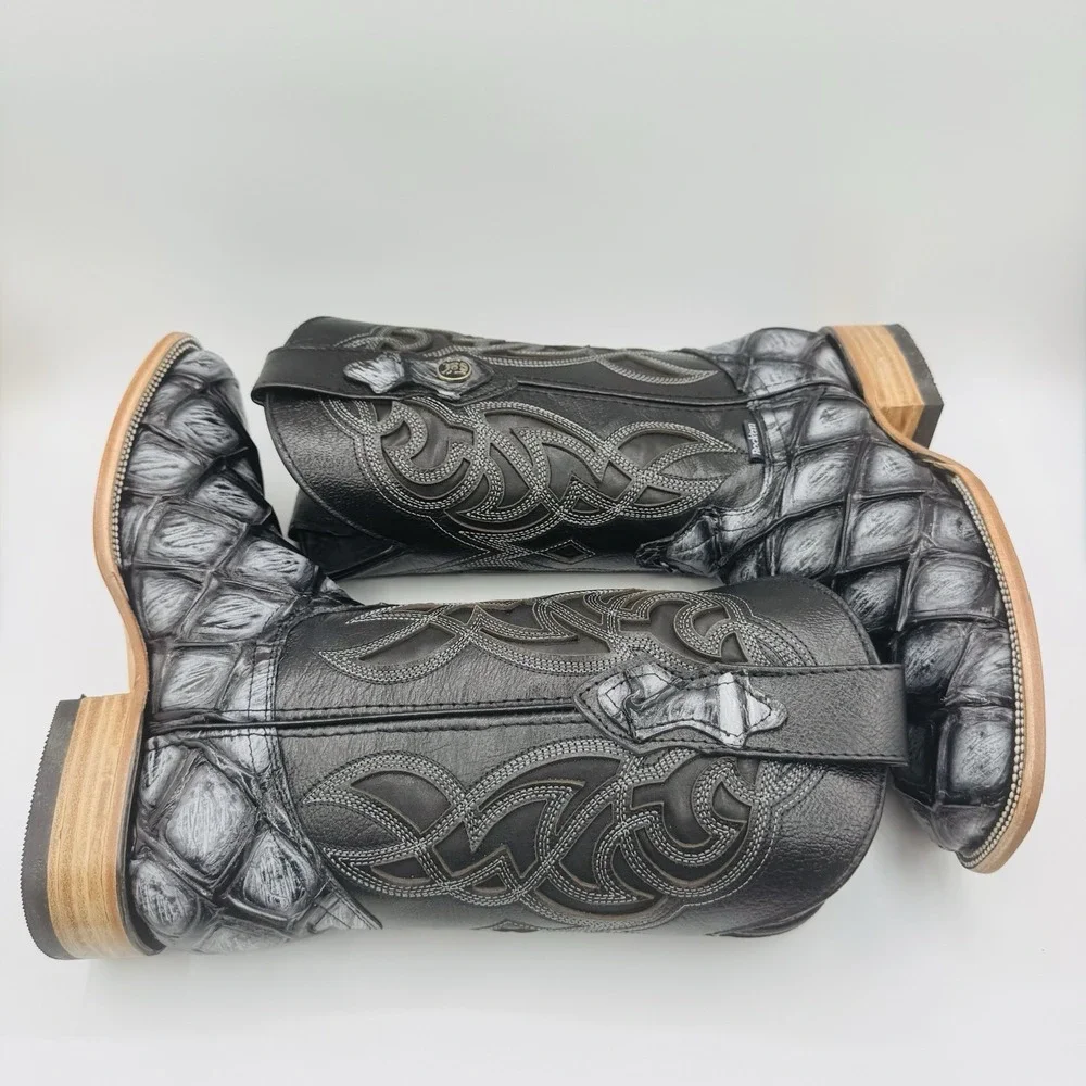 Rock'em Big Bass Print Boots Men's Size 7.5 EE‎ Black Leather  Square Toe